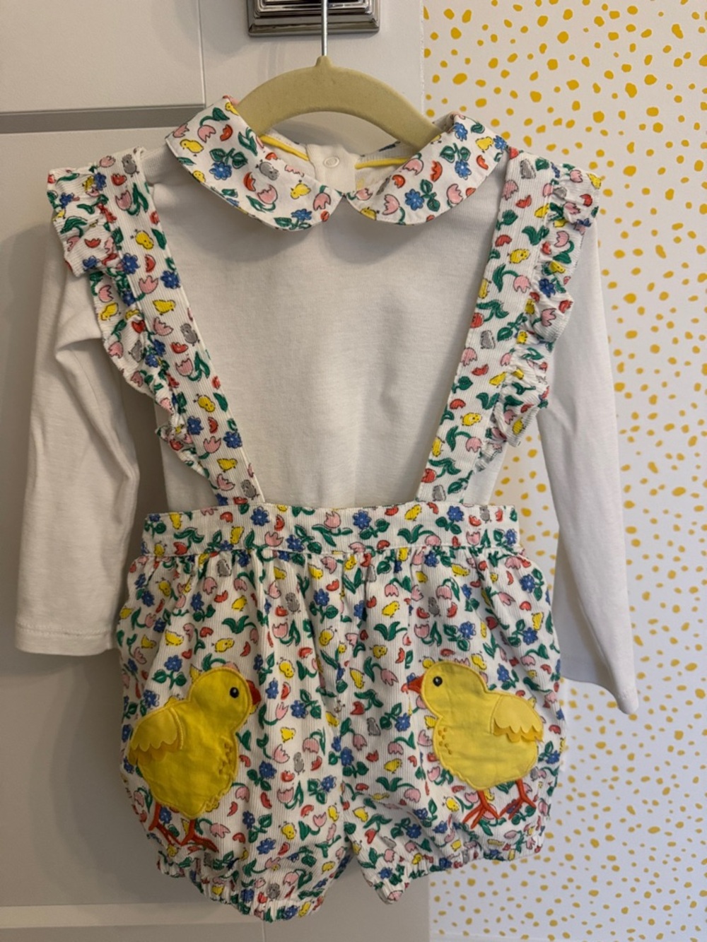 Baby Boden White Romper Set with Yellow Chick Appliqués